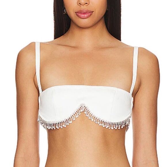 Lovers + Friends Peyton Bra Top White denim rhinestone fringe Revolve S - Picture 1 of 13